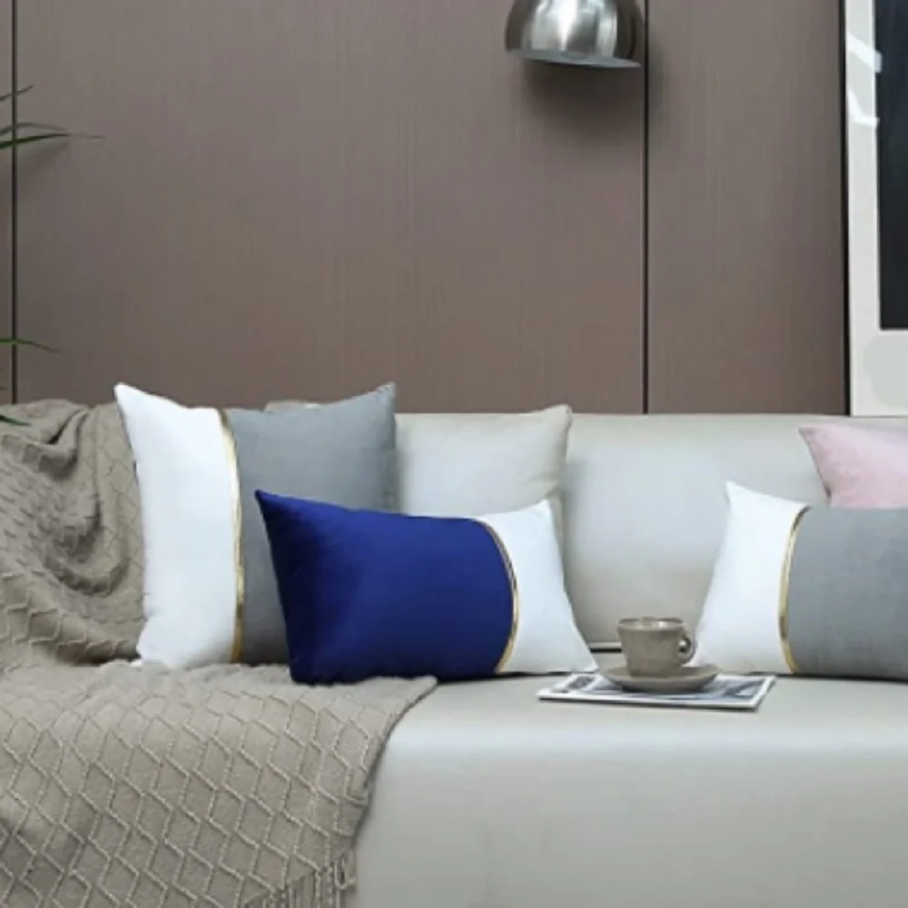 Luxury Home | Blue & White Color Blocked Gold Detail Lumbar Throw Pillow Covers